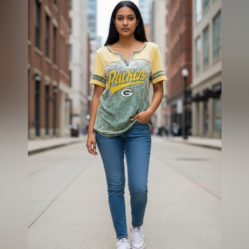 NFL Team Apparel Green Bay Packers Green Gold Burn Out top Medium - Picture 2 of 7